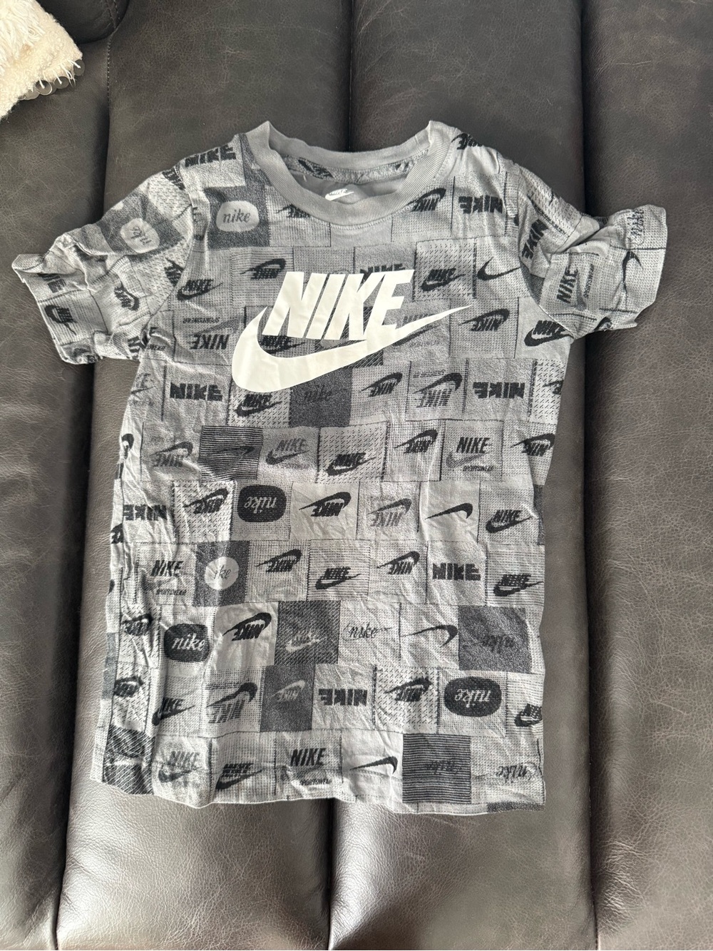 Nike Boys Gray and White Logo Patchwork Tee